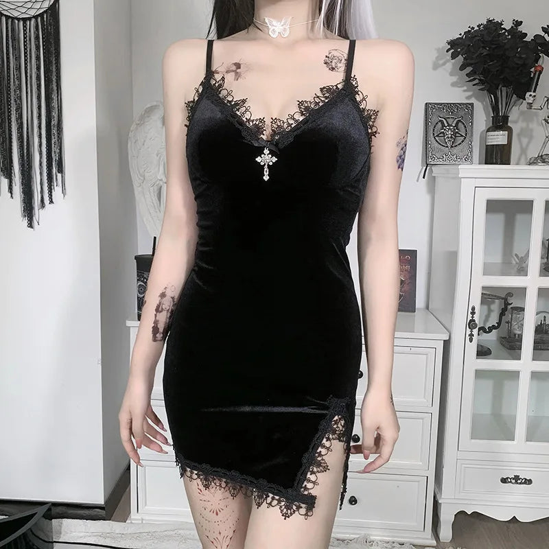 Gothic Elegance - Black Velvet Dress with Lace and Cross