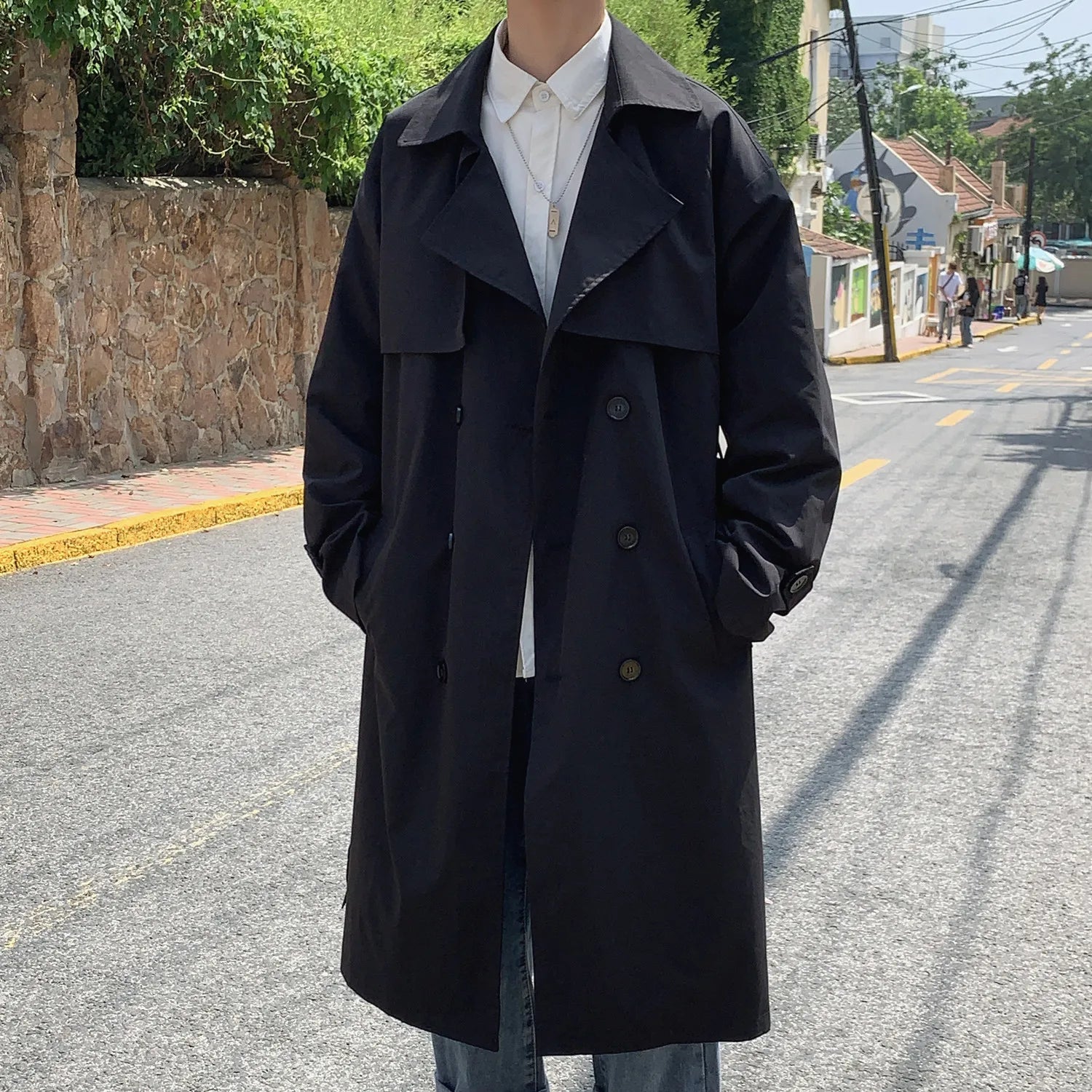 Black Double-Breasted Trench Coat - Timeless and Elegant Design
