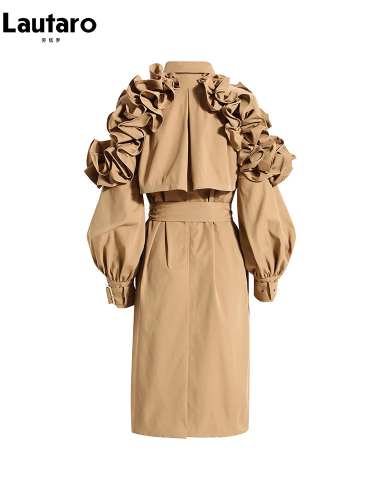 Ruffled Elegance Trench Coat – Statement Puff Sleeve Belted Coat