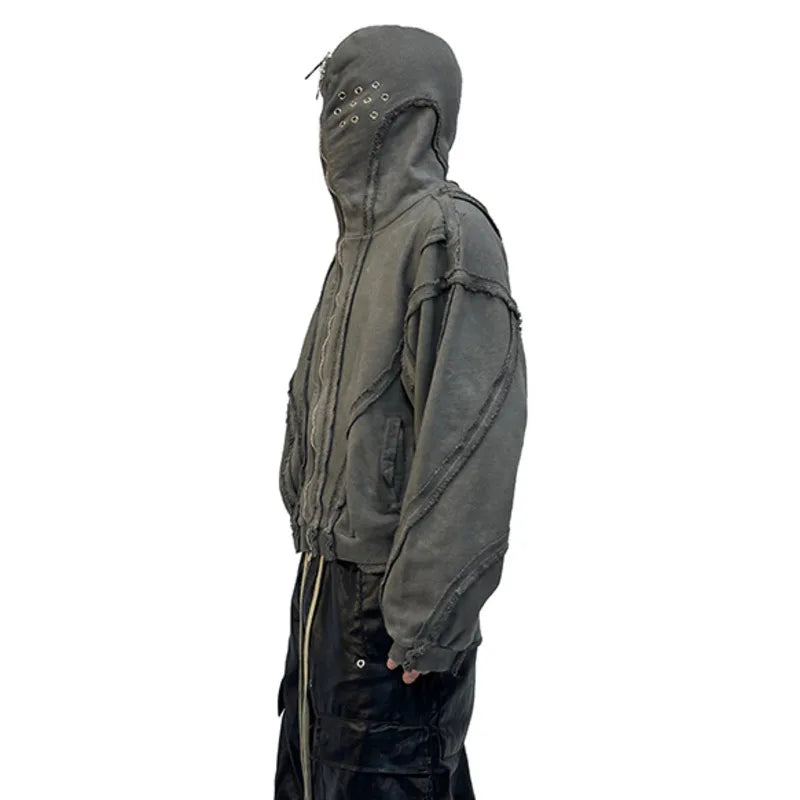 Distressed Hoodie - Oversized Hooded Jacket with Eyelet