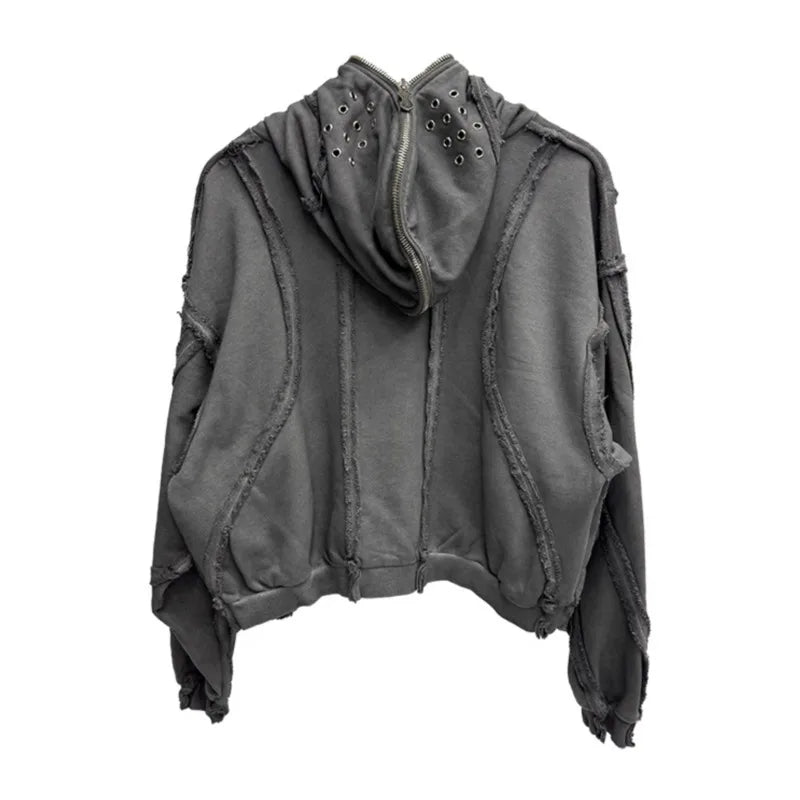 Distressed Hoodie - Oversized Hooded Jacket with Eyelet