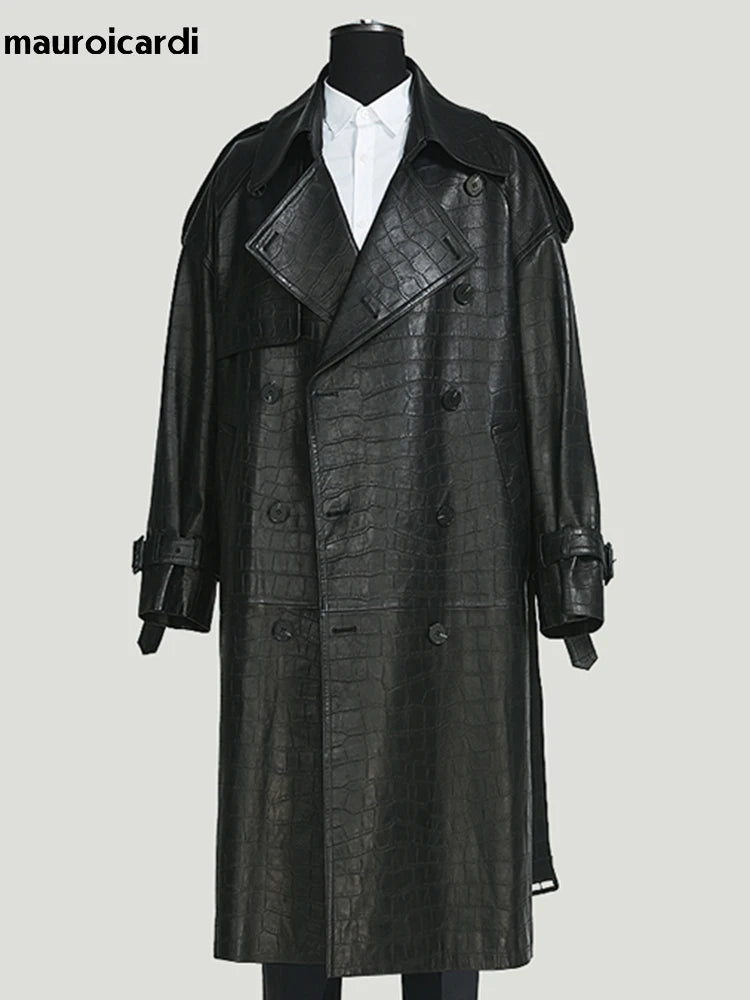Black Crocodile Trench Coat - Premium Faux Leather Design
