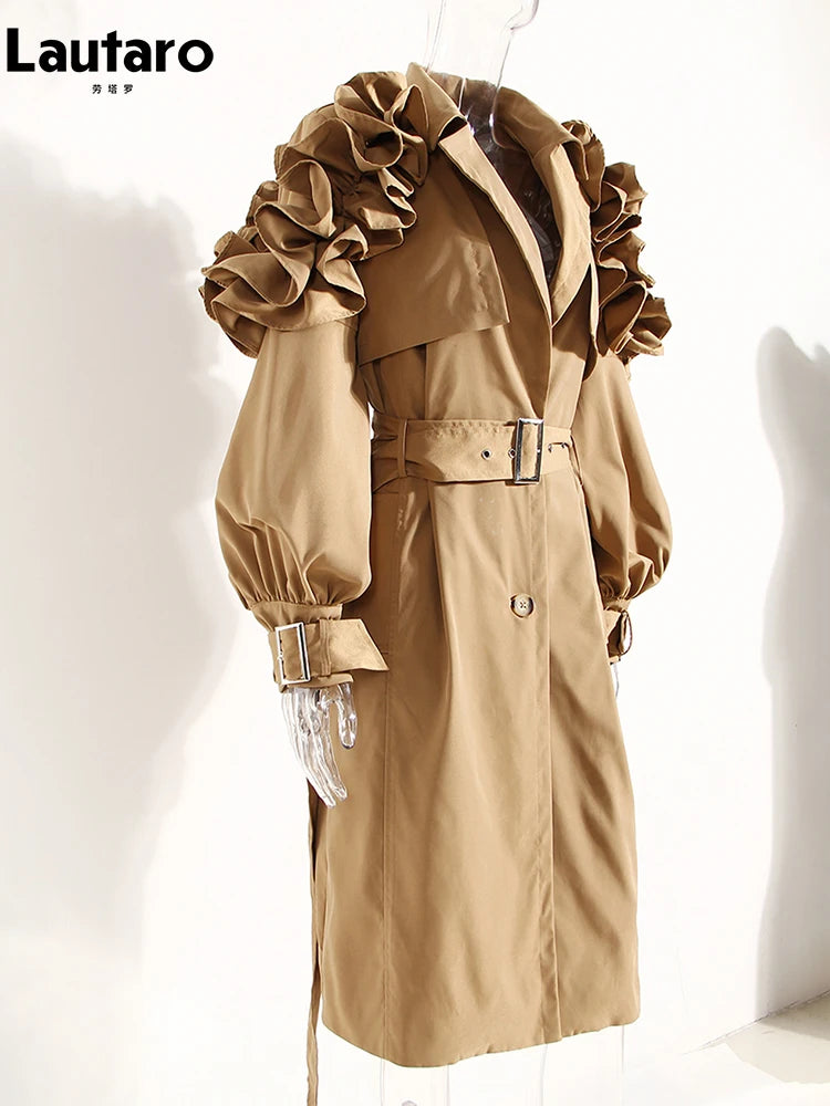Ruffled Elegance Trench Coat – Statement Puff Sleeve Belted Coat