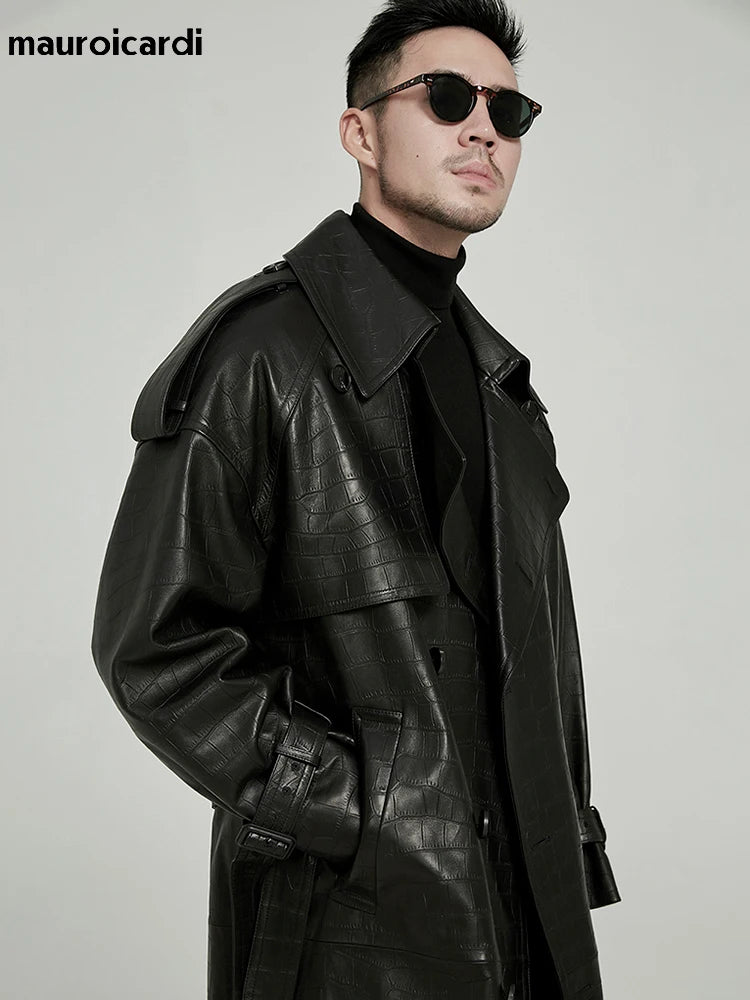 Black Crocodile Trench Coat - Premium Faux Leather Design