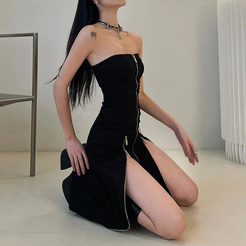 Zip-Slit Strapless Gothic Dress