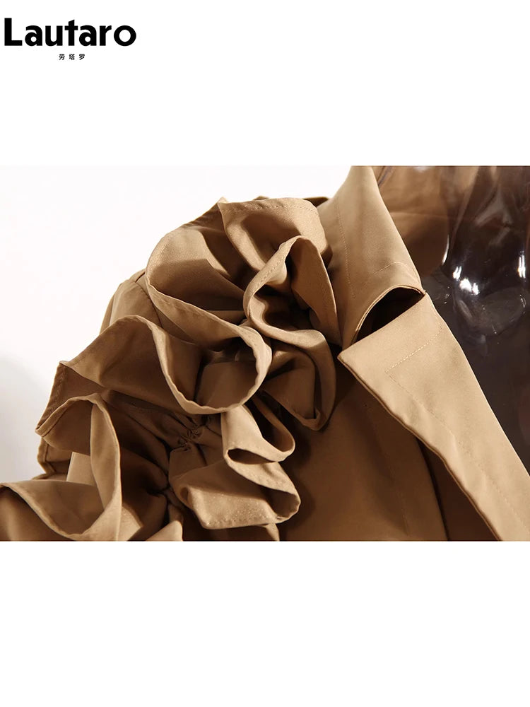 Ruffled Elegance Trench Coat – Statement Puff Sleeve Belted Coat