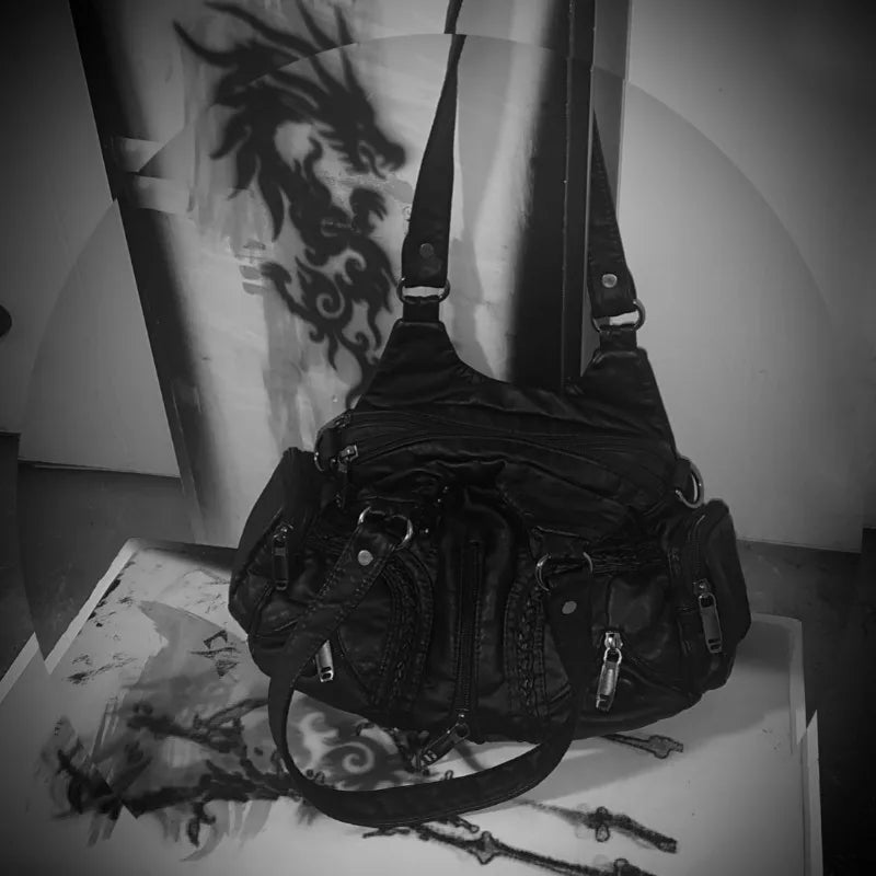 Noir Rivet Leather Tote – Edgy Black Statement Handbag