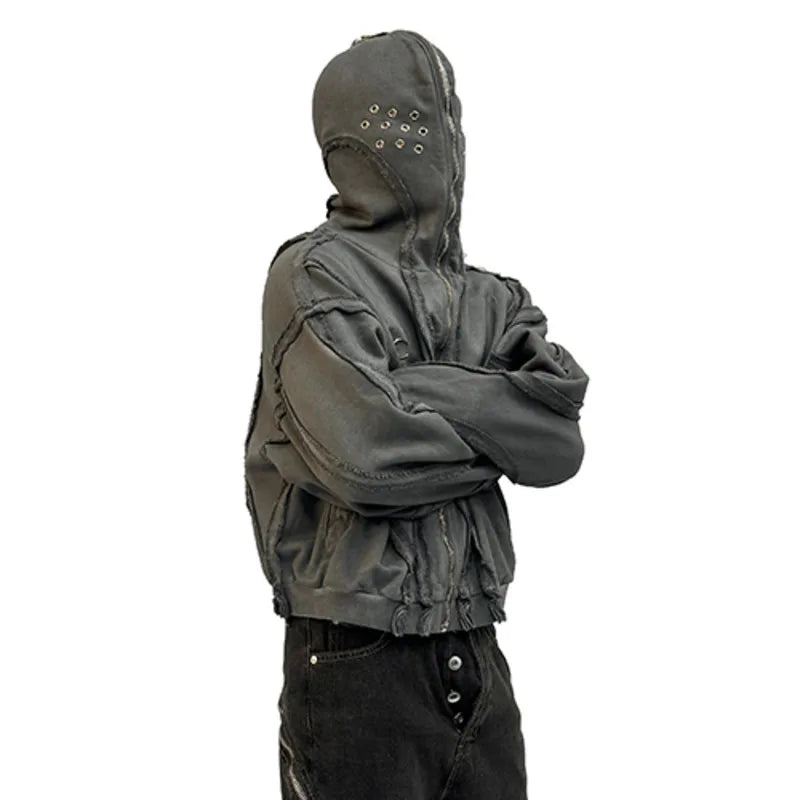 Distressed Hoodie - Oversized Hooded Jacket with Eyelet