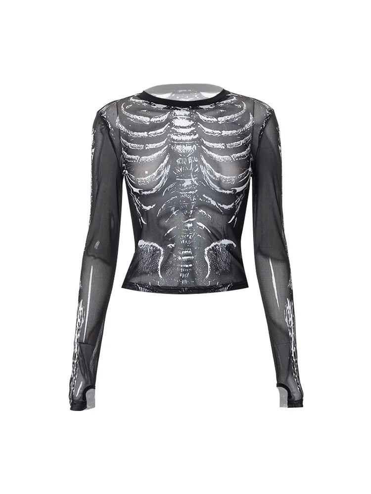 Gothic Skeleton Mesh Top - Edgy Sheer Long Sleeve Shirt