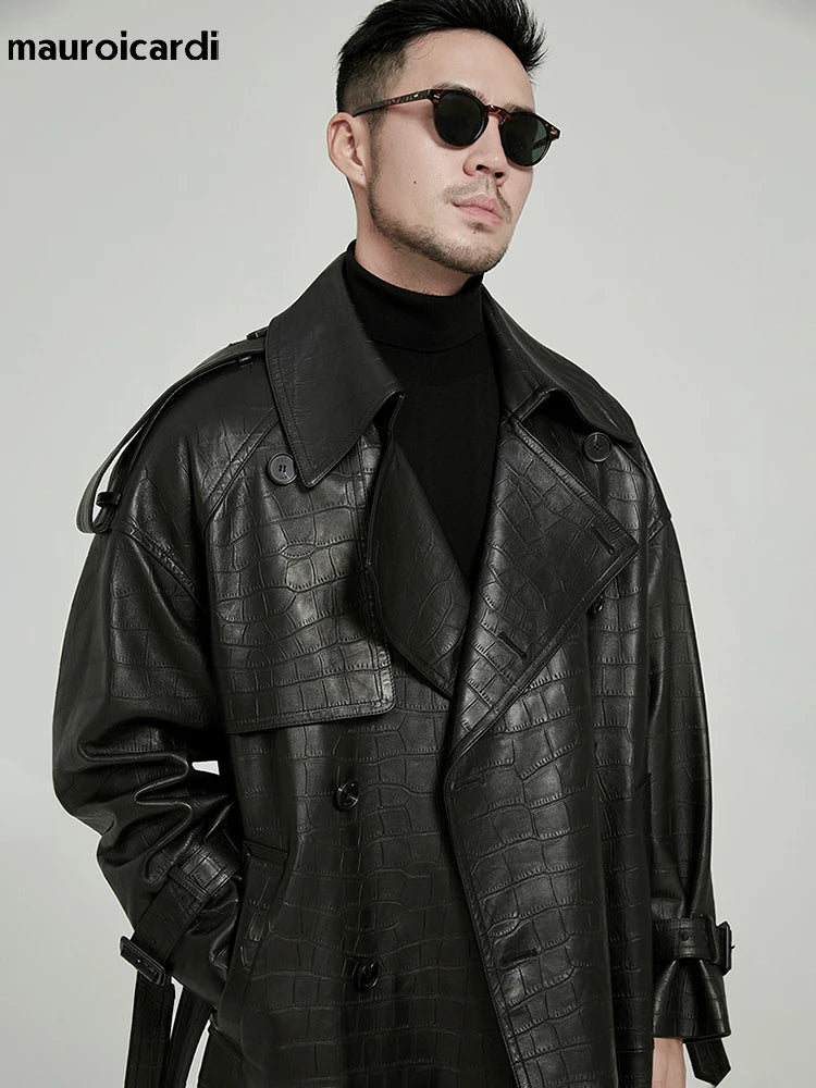 Black Crocodile Trench Coat - Premium Faux Leather Design