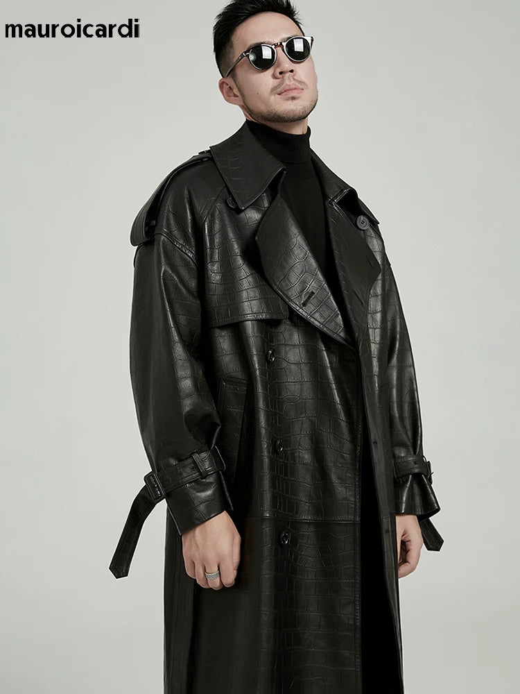 Black Crocodile Trench Coat - Premium Faux Leather Design