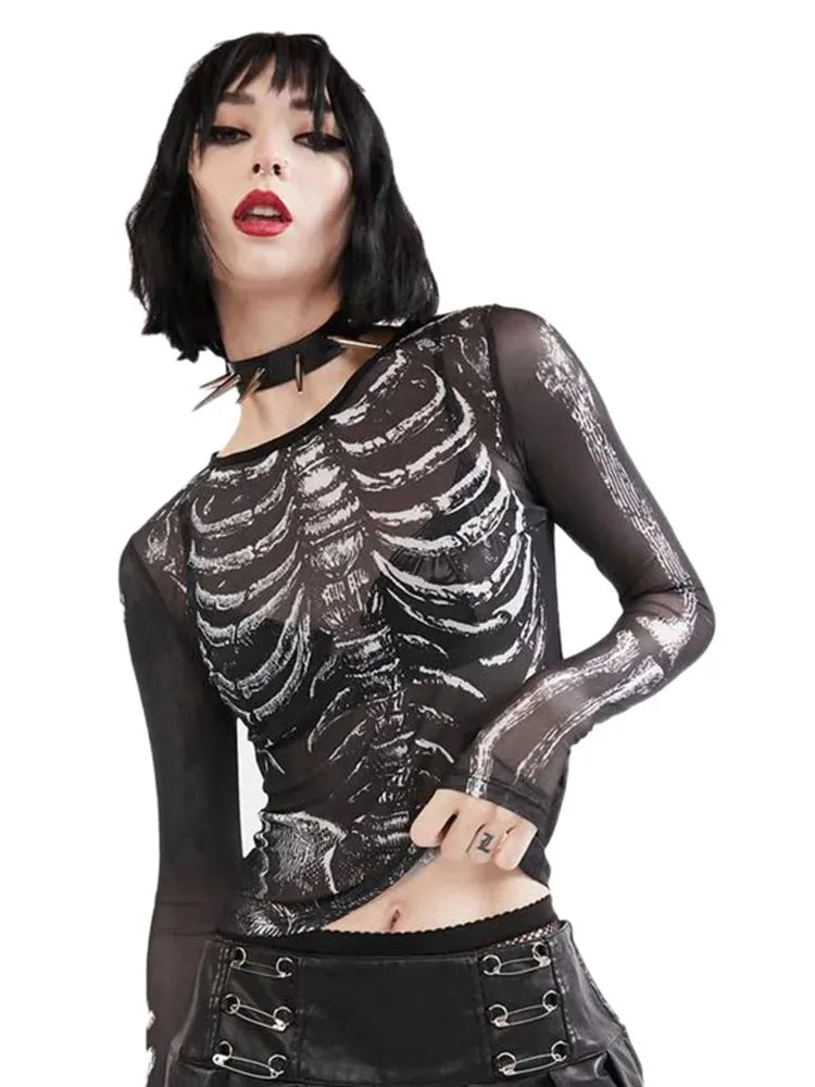 Gothic Skeleton Mesh Top - Edgy Sheer Long Sleeve Shirt