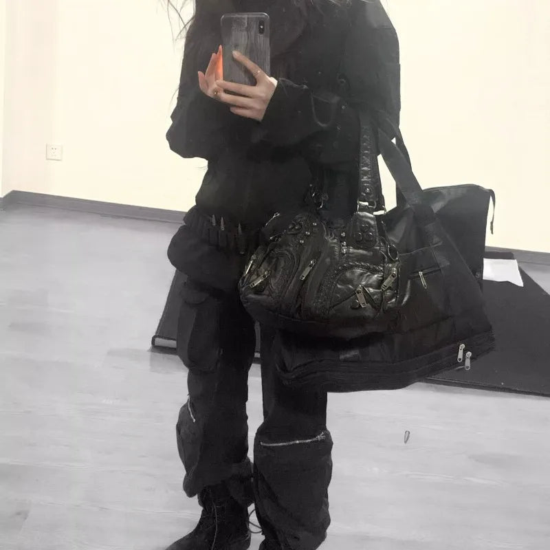 Noir Rivet Leather Tote – Edgy Black Statement Handbag