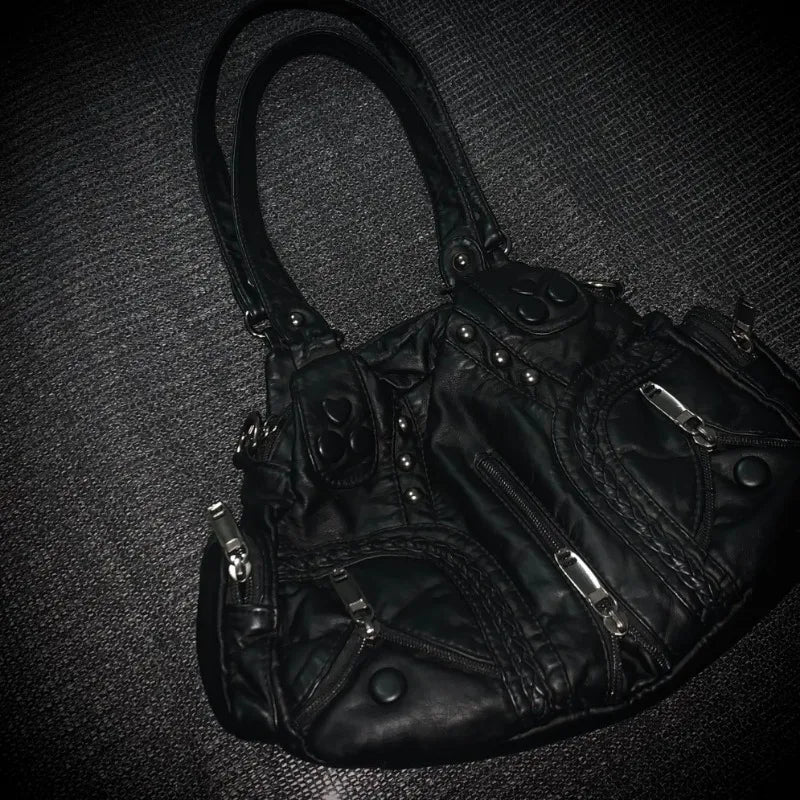 Noir Rivet Leather Tote – Edgy Black Statement Handbag