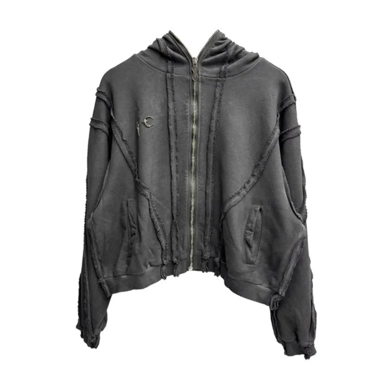 Distressed Hoodie - Oversized Hooded Jacket with Eyelet