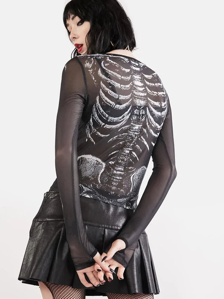 Gothic Skeleton Mesh Top - Edgy Sheer Long Sleeve Shirt