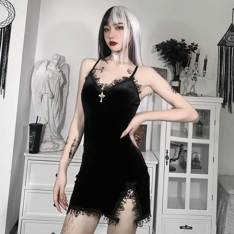 Gothic Elegance - Black Velvet Dress with Lace and Cross
