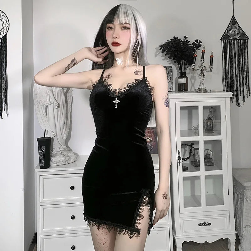 Gothic Elegance - Black Velvet Dress with Lace and Cross