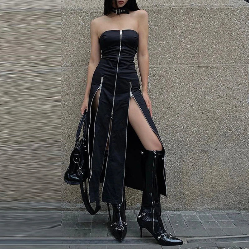 Zip-Slit Strapless Gothic Dress