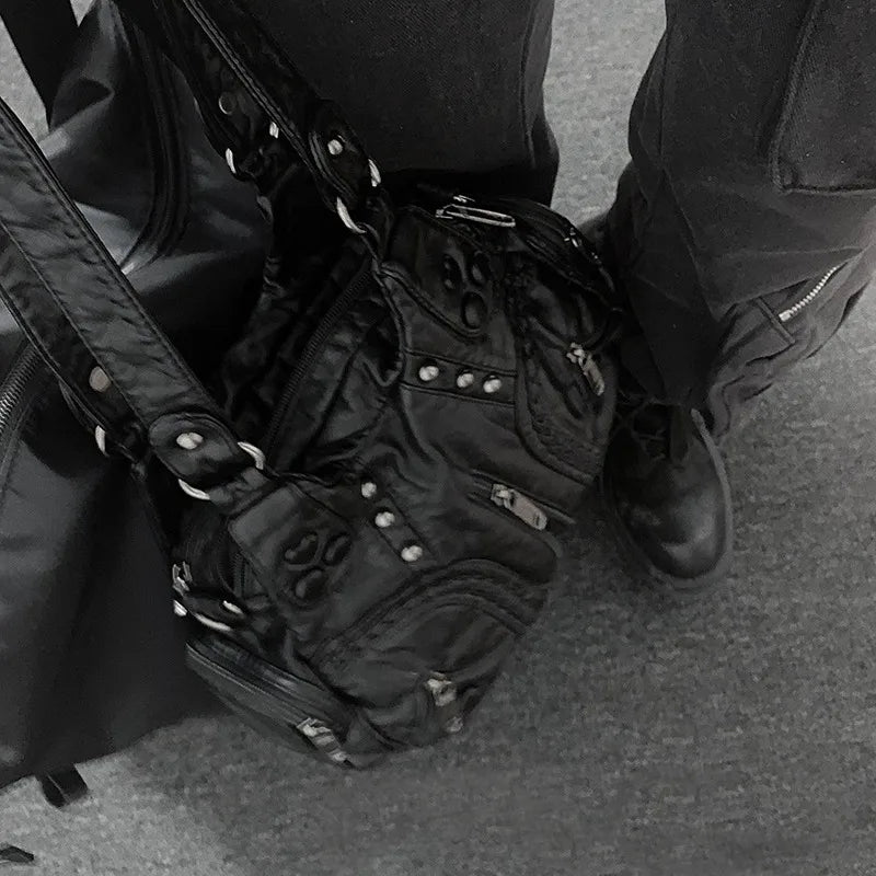 Noir Rivet Leather Tote – Edgy Black Statement Handbag