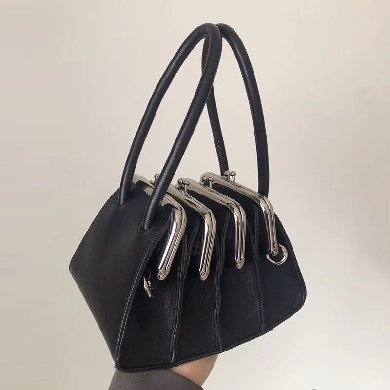 Architectural Elegance Black Leather Handbag