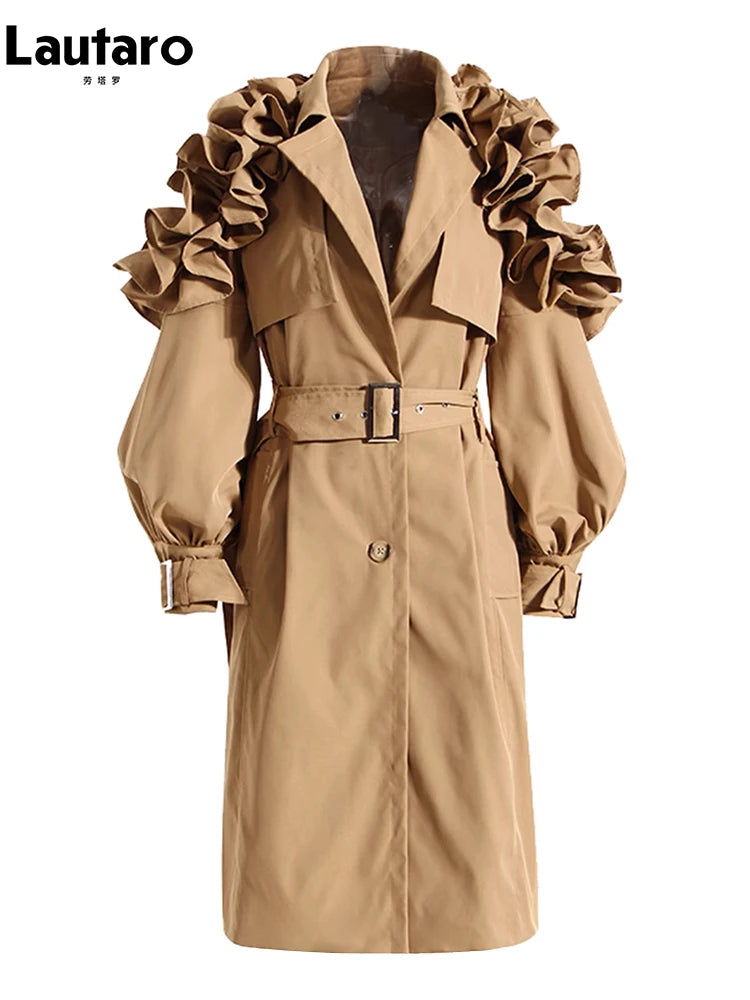 Ruffled Elegance Trench Coat – Statement Puff Sleeve Belted Coat