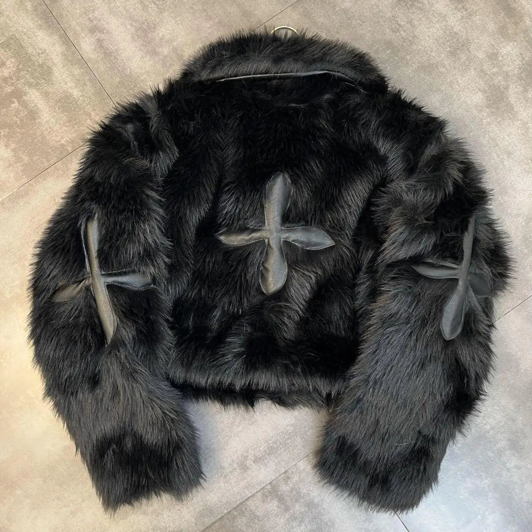 Luxe Faux Fur Jacket with Leather Cross Details