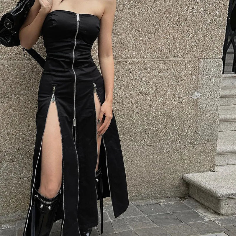 Zip-Slit Strapless Gothic Dress
