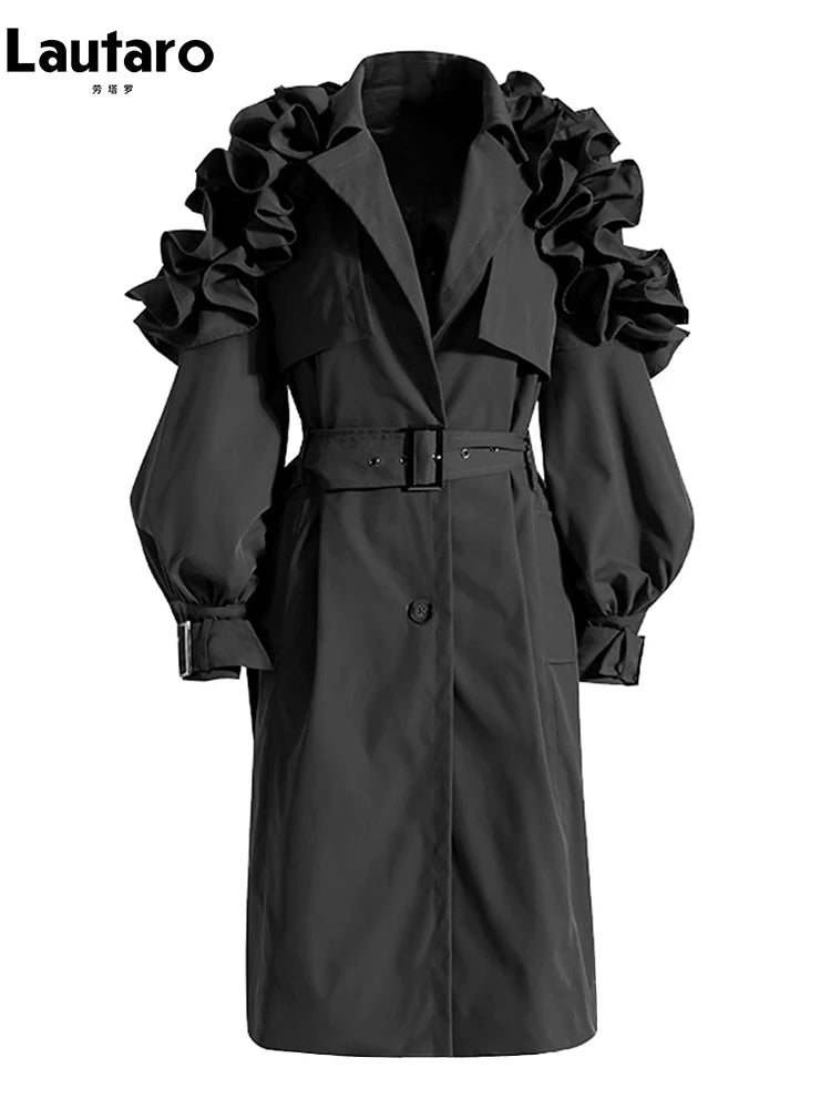 Ruffled Elegance Trench Coat – Statement Puff Sleeve Belted Coat
