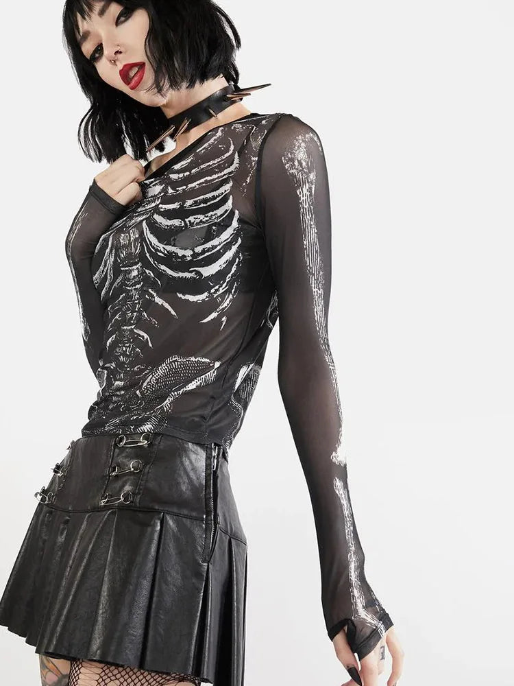 Gothic Skeleton Mesh Top - Edgy Sheer Long Sleeve Shirt
