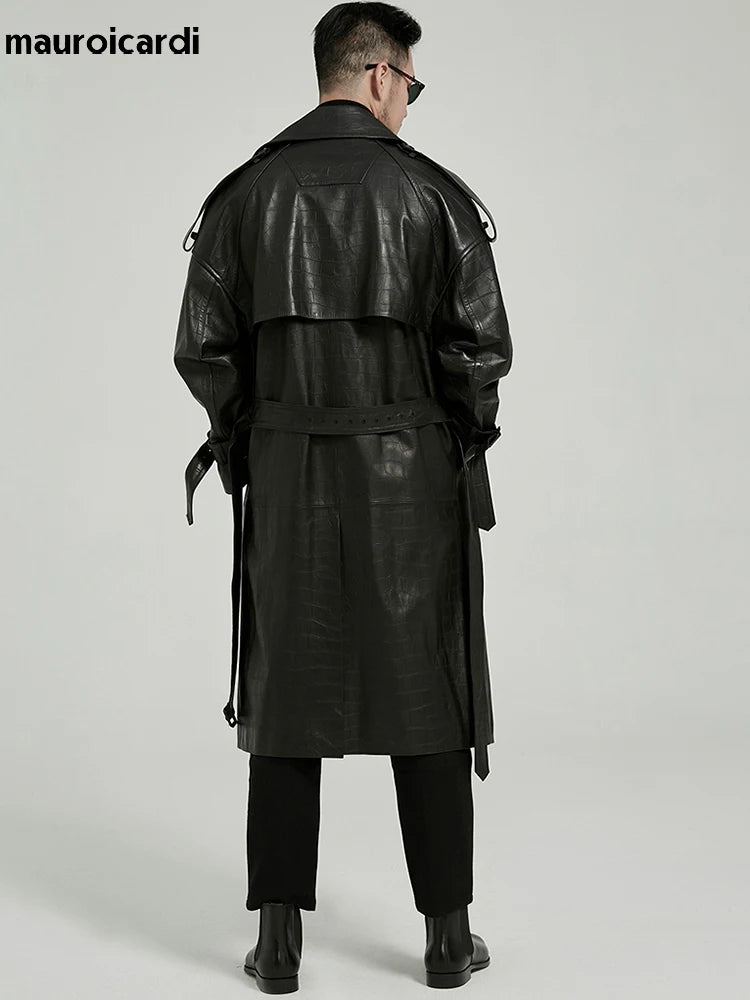Black Crocodile Trench Coat - Premium Faux Leather Design