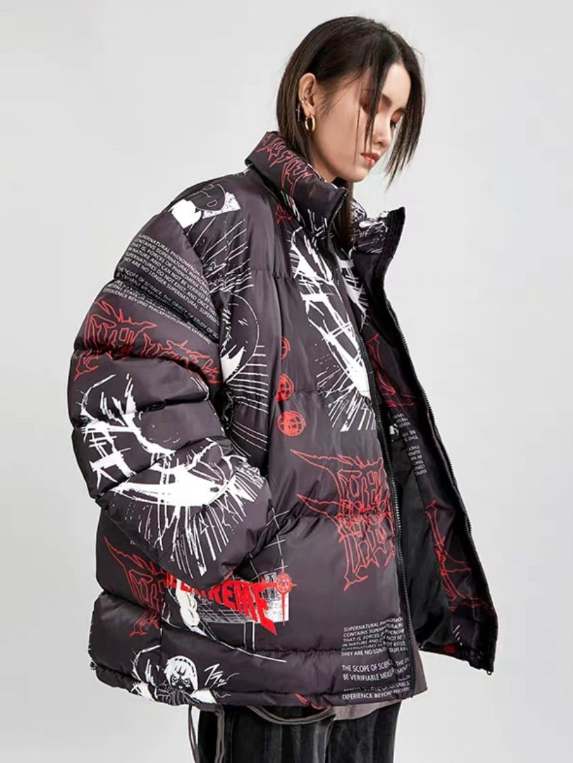 side view of the black anime printed puffer jacket, red and white details