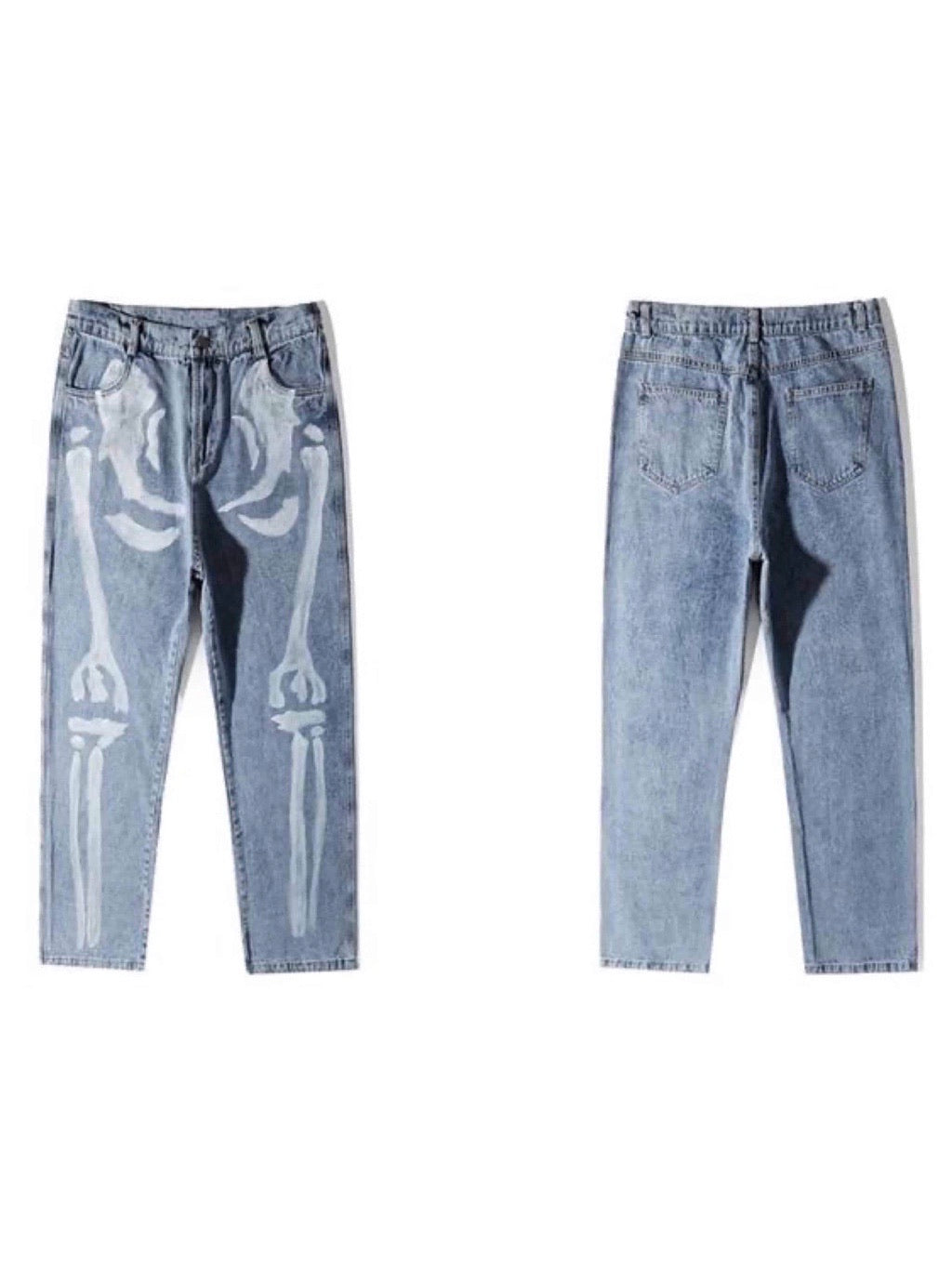 blue jeans with skeleton painted 