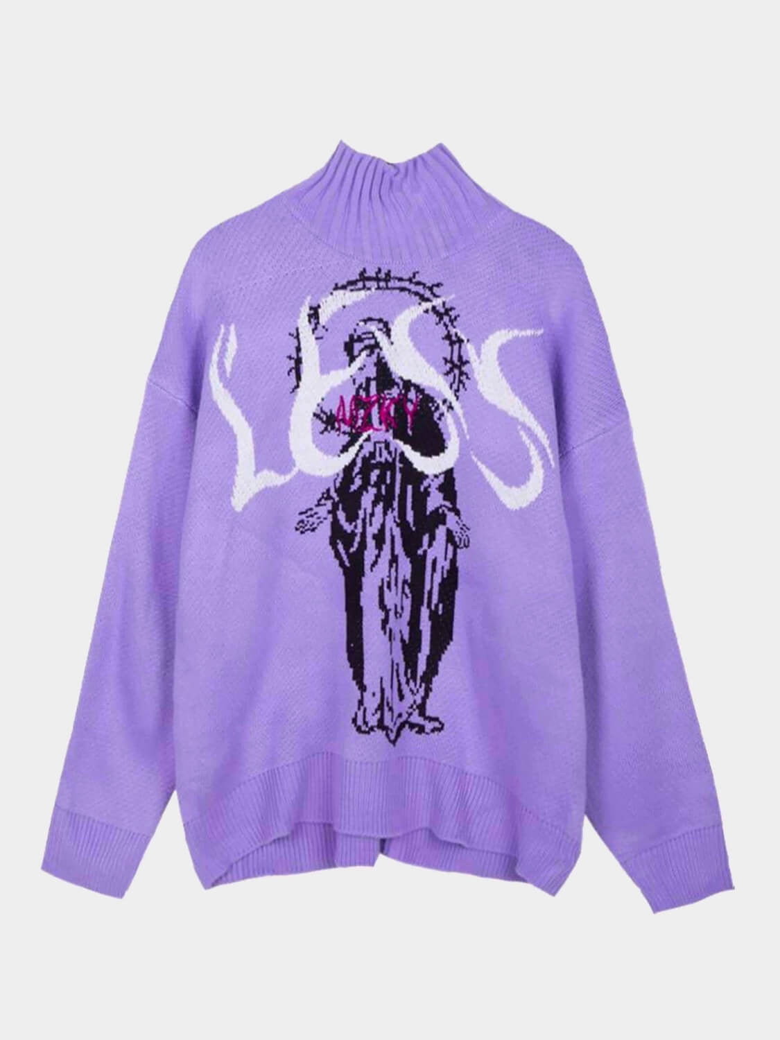 purple knitted sweater with the Virgin Mary in black and her head is surrounded by a large crown of barbed wire. A red inscription is sewn on his chest and the white word "LESS" occupies all the space available on the chest