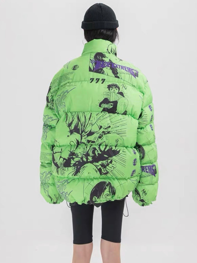 back view of the green anime printed puffer jacket