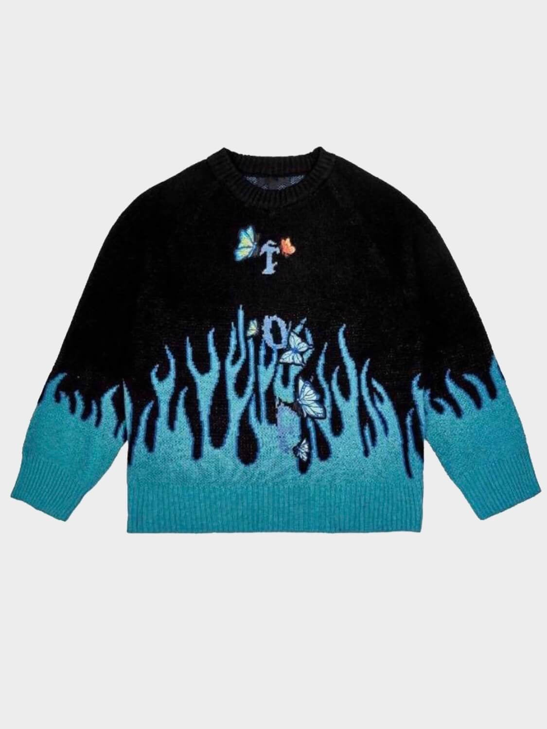 black knitted sweater with blue flames that comes from the bottom of the sweater and the wrists with blue embroidered butterflies