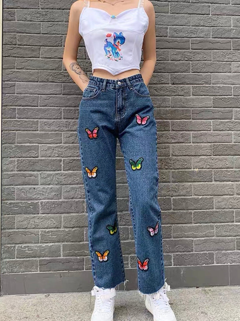 Butterfly embroidery jeans