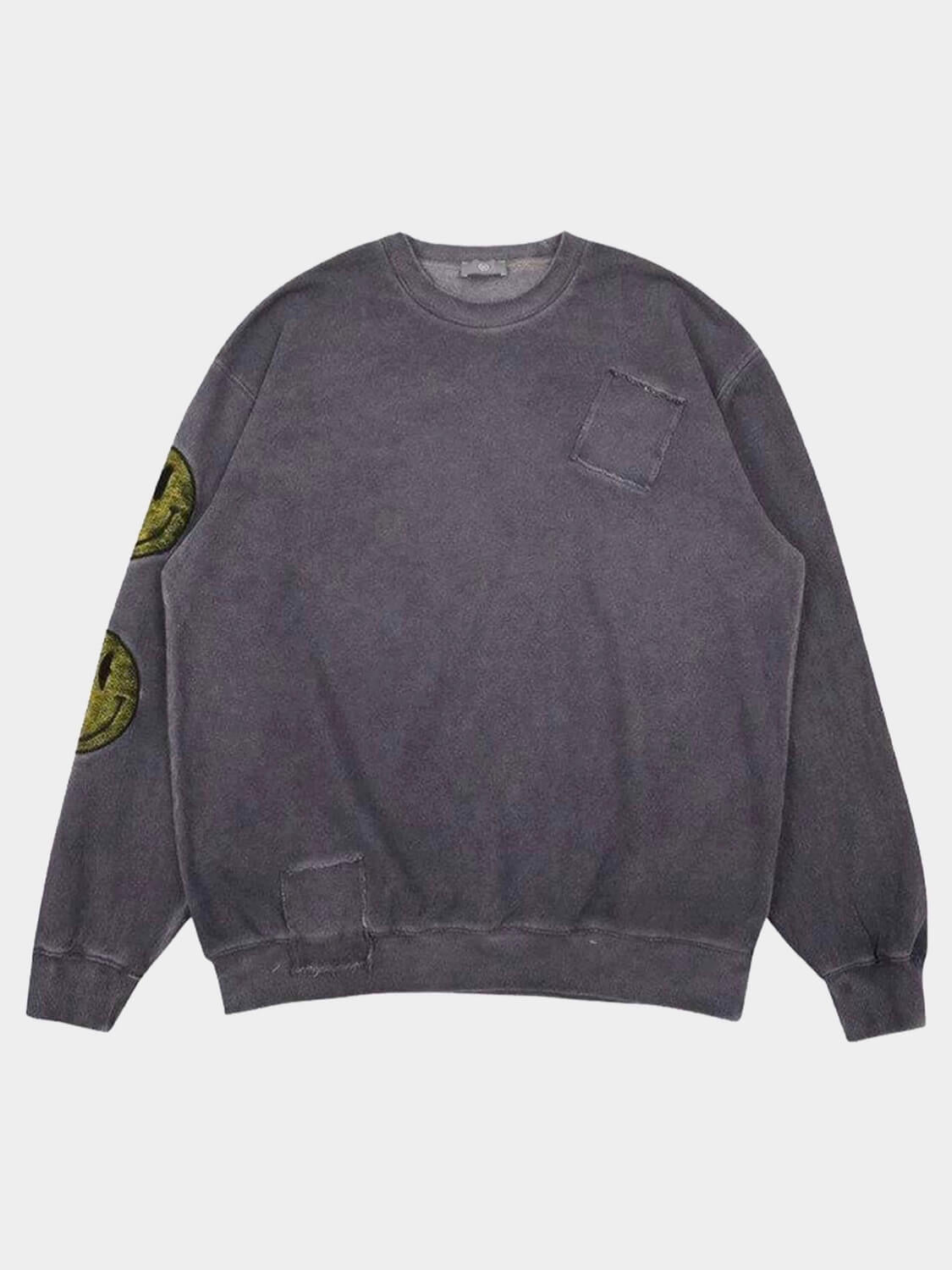 patched gray pullover with large yellow smiling faces on the sleeves and one in the upper back