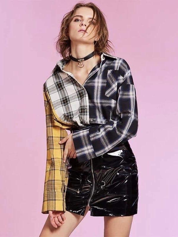 front view of the plaid blouse checkered in yellow for one panel, grey for the other and black for another one in one size