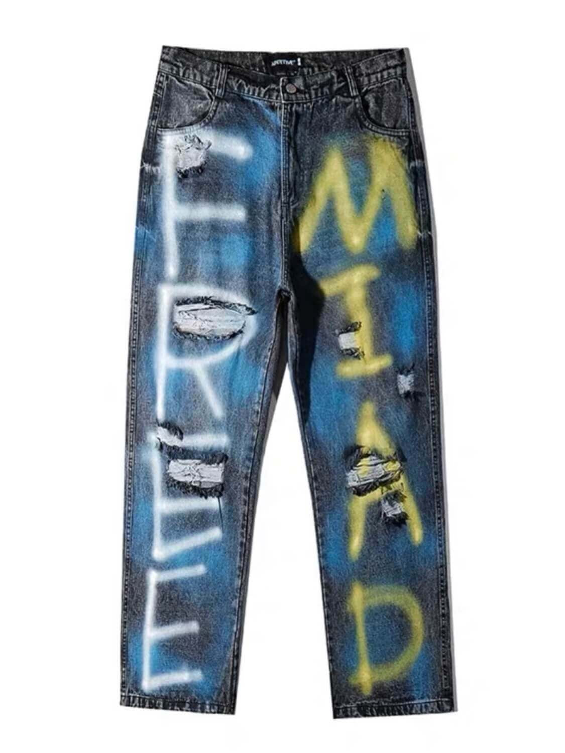 destroyed jeans with graffiti on legs, dark blue