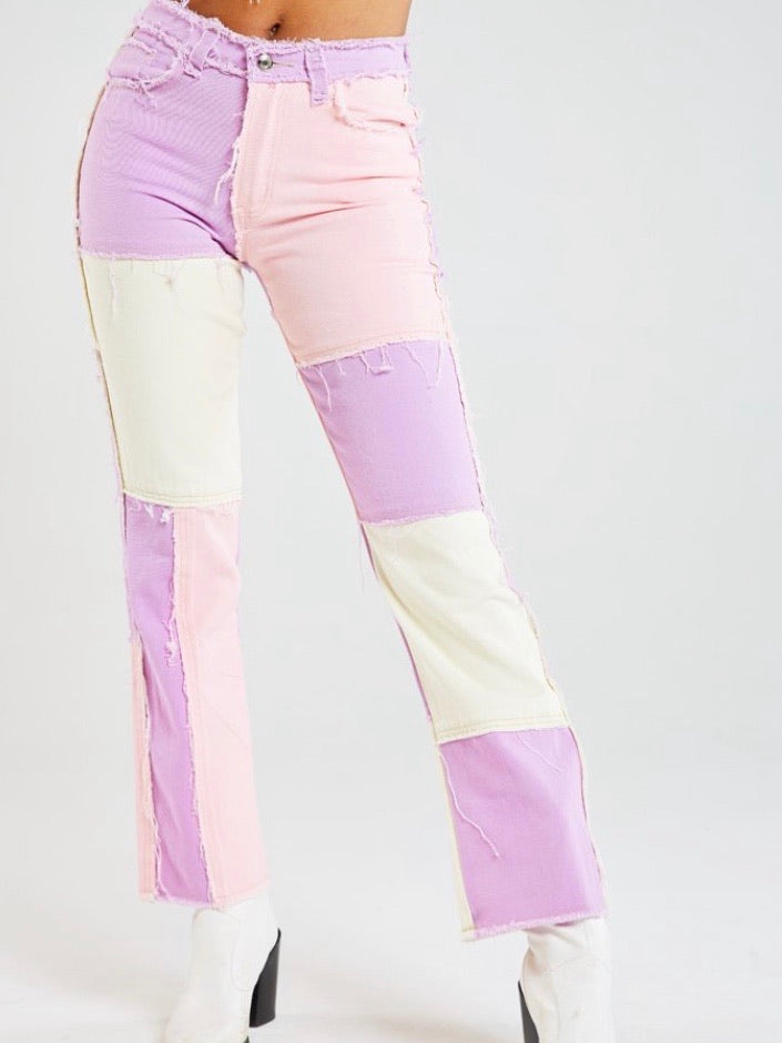 Patchwork denim boyfriend jeans pink