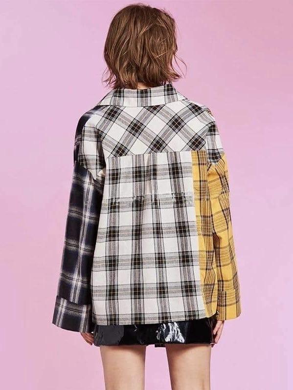 back side of our plaid blouse checkered in yellow for one panel, grey for the other and black for another one in one size