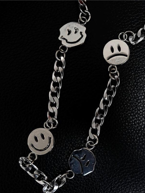 happy and sad flat smiley faces chain necklace