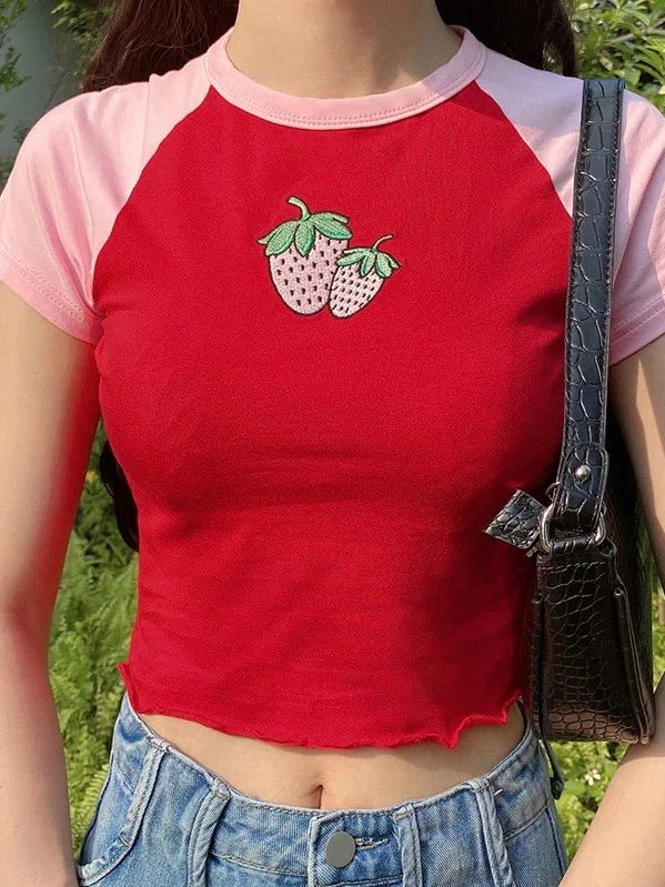 Strawberry embroidery crop tops