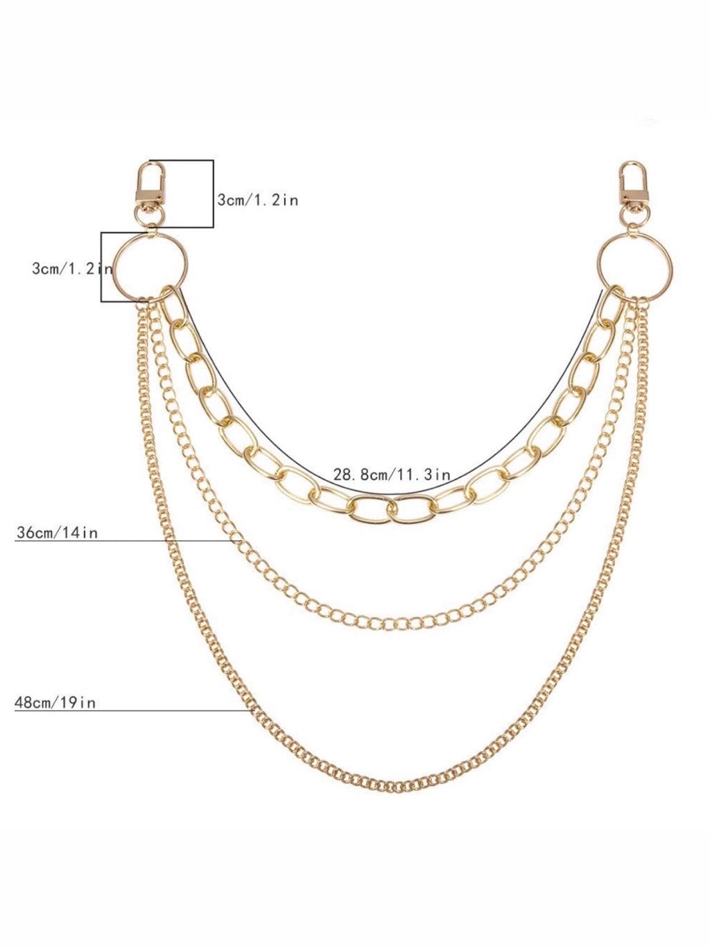 pants chain with three layers of different length and style of rings attachable to a pant by two little carabiners measures and dimensions