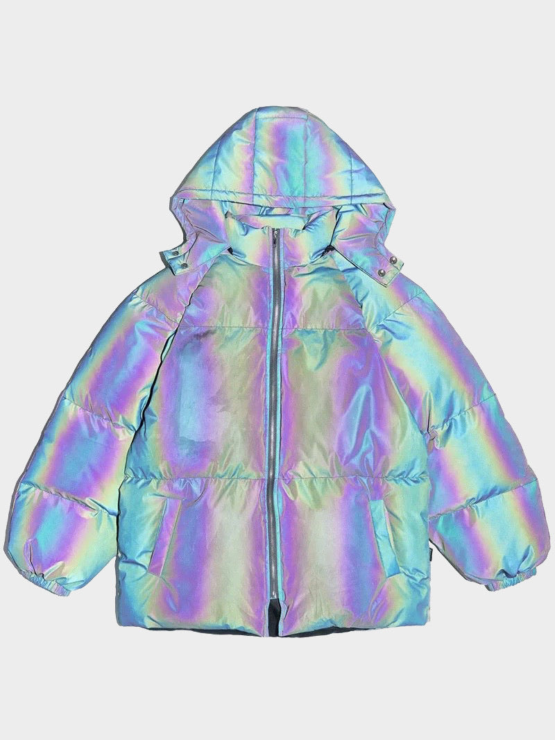 oversize puffy reflective hooded parka vh studios with two front pockets front view