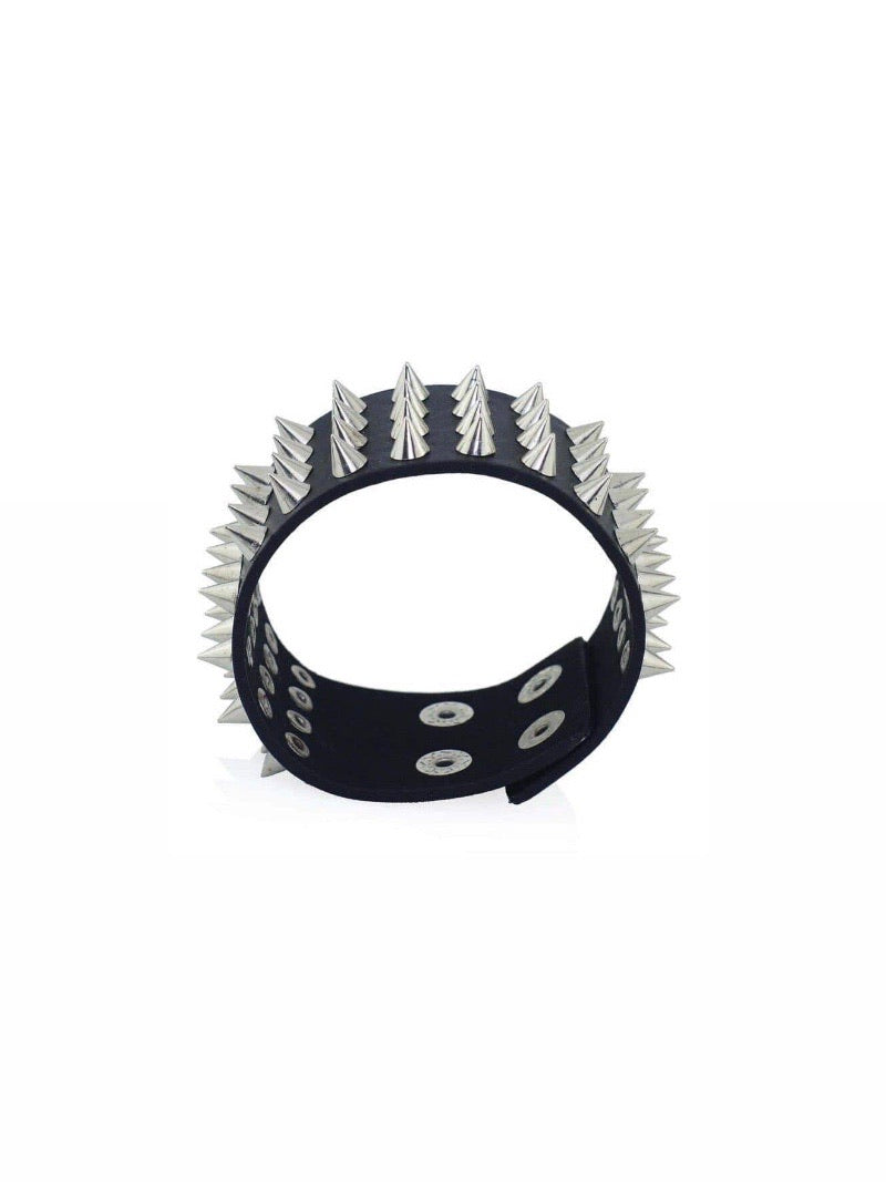 front view of our goth spikes black faux leather bracelet