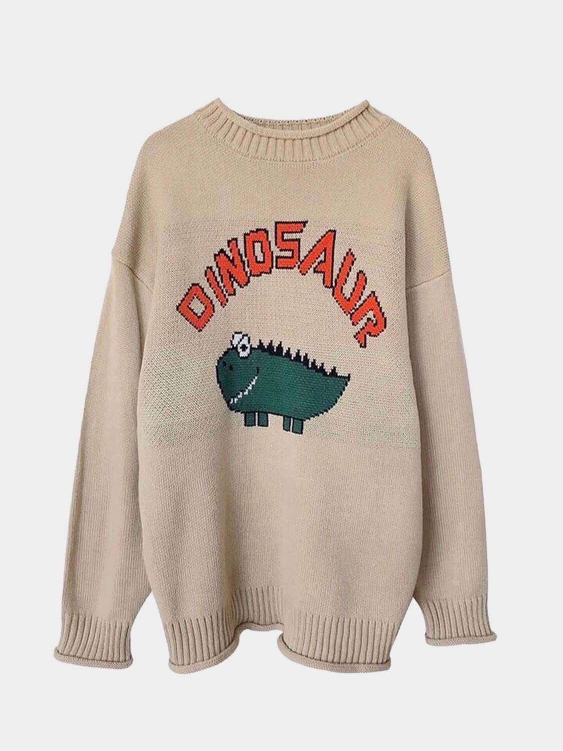 beige knitted sweater with a dinosaur drawn by a child with dinosaur written in orange above the dinosaur