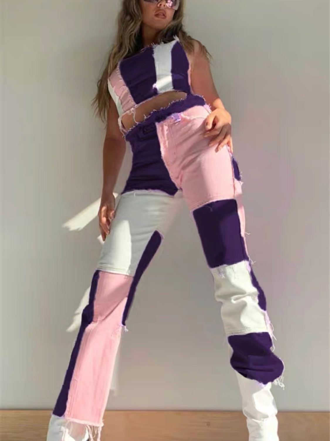 Pink patchwork straight jeans