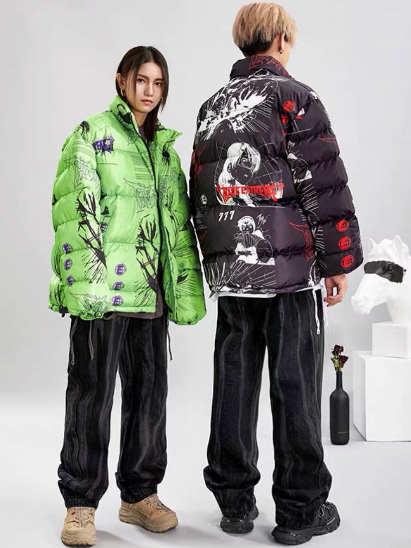 green puffer jacket wearing by a woman and black anime puffer jacket with red and white patterns